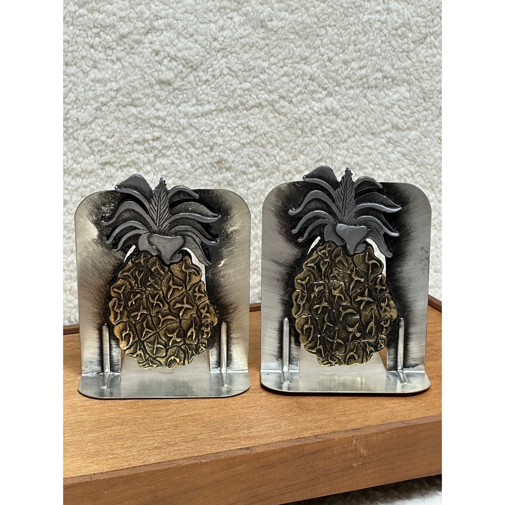 Metzke 1980 Pineapple Bookends Silver Gold Vintage Mixed Metal Pewter USA